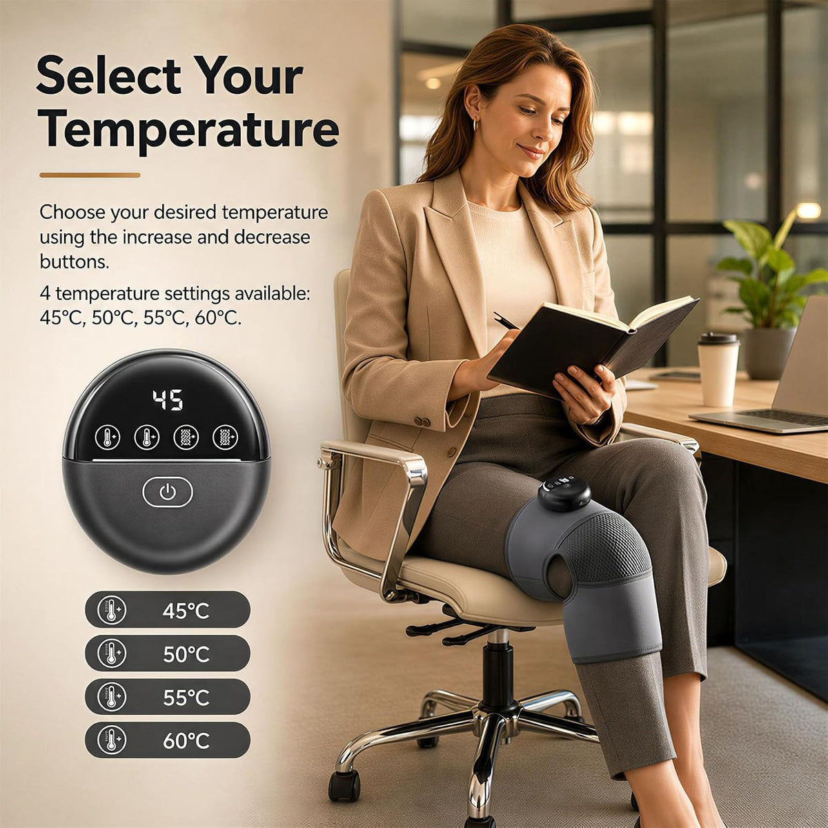 Cordless Heated Knee Massager Wrap 4 Heat Levels 6 Vibration Gray