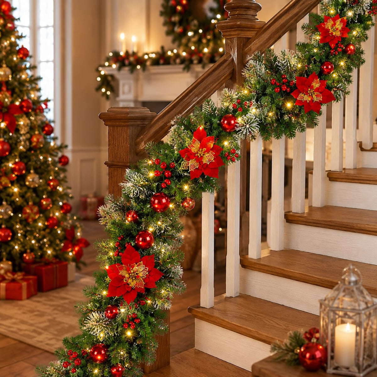 Christmas Garland with Lights 9ft, Prelit for Mantle, Stairs & Door