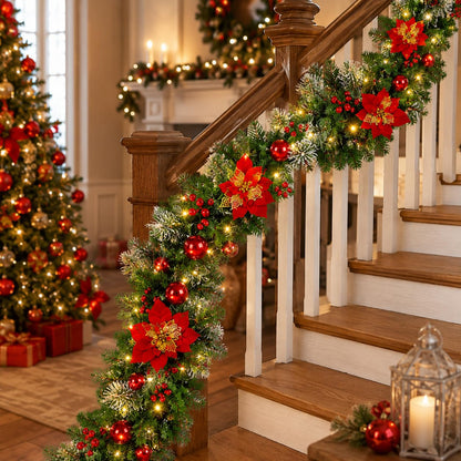 Christmas Garland with Lights 9ft, Prelit for Mantle, Stairs & Door
