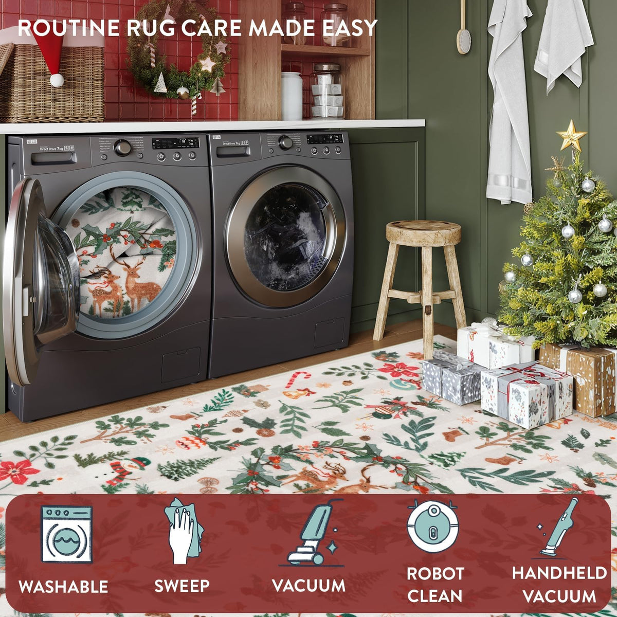 Lahome Christmas 8x10 Living Room Area Rug, Soft Christmas Tree Large Washable Rug for Bedroom, Non Slip Low Pile Indoor Floor Carpet for Home Office Xmas Holiday Decor, Beige