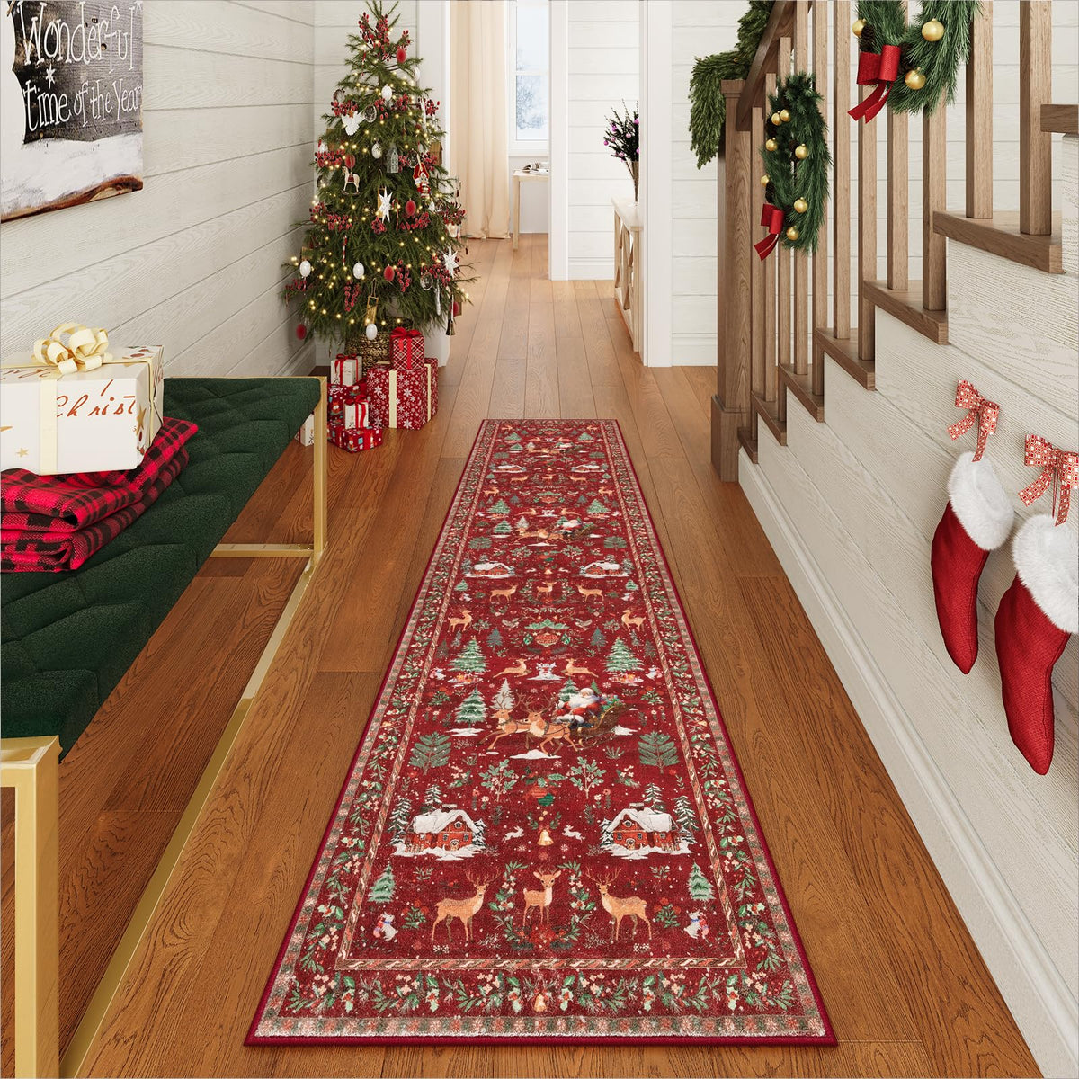 Lahome Christmas 8x10 Living Room Area Rug, Soft Christmas Tree Large Washable Rug for Bedroom, Non Slip Low Pile Indoor Floor Carpet for Home Office Xmas Holiday Decor, Beige