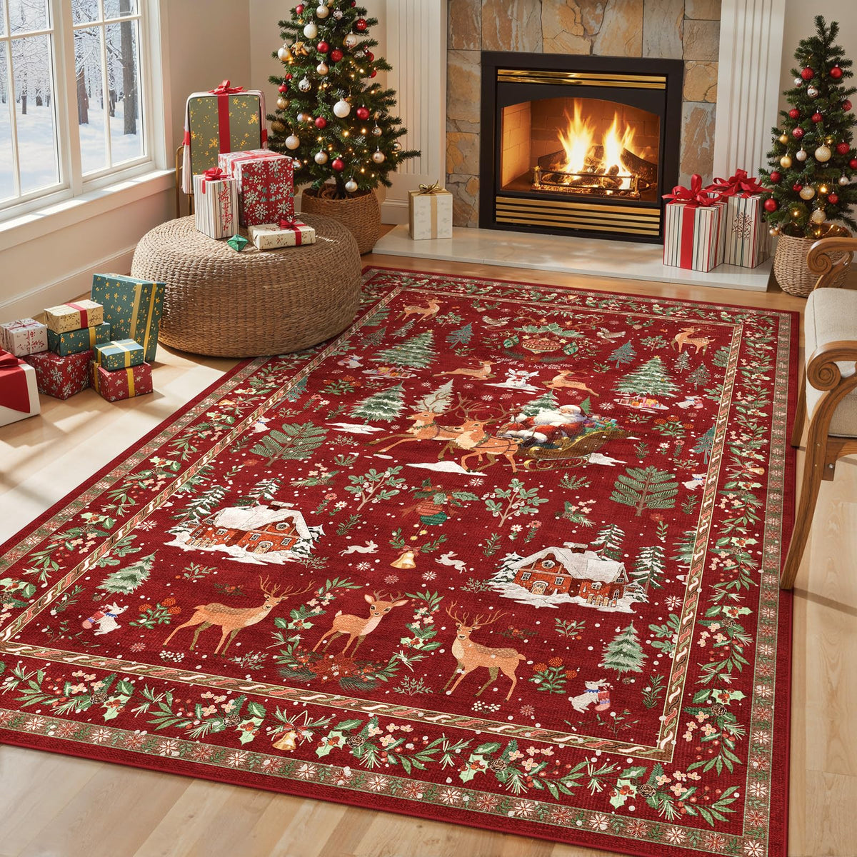 Lahome Christmas 8x10 Living Room Area Rug, Soft Christmas Tree Large Washable Rug for Bedroom, Non Slip Low Pile Indoor Floor Carpet for Home Office Xmas Holiday Decor, Beige
