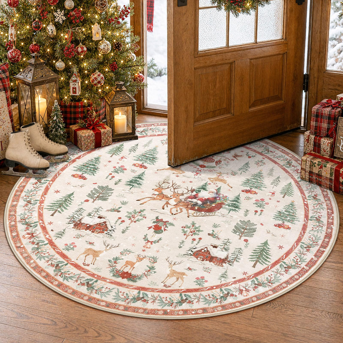 Lahome Christmas 8x10 Living Room Area Rug, Soft Christmas Tree Large Washable Rug for Bedroom, Non Slip Low Pile Indoor Floor Carpet for Home Office Xmas Holiday Decor, Beige