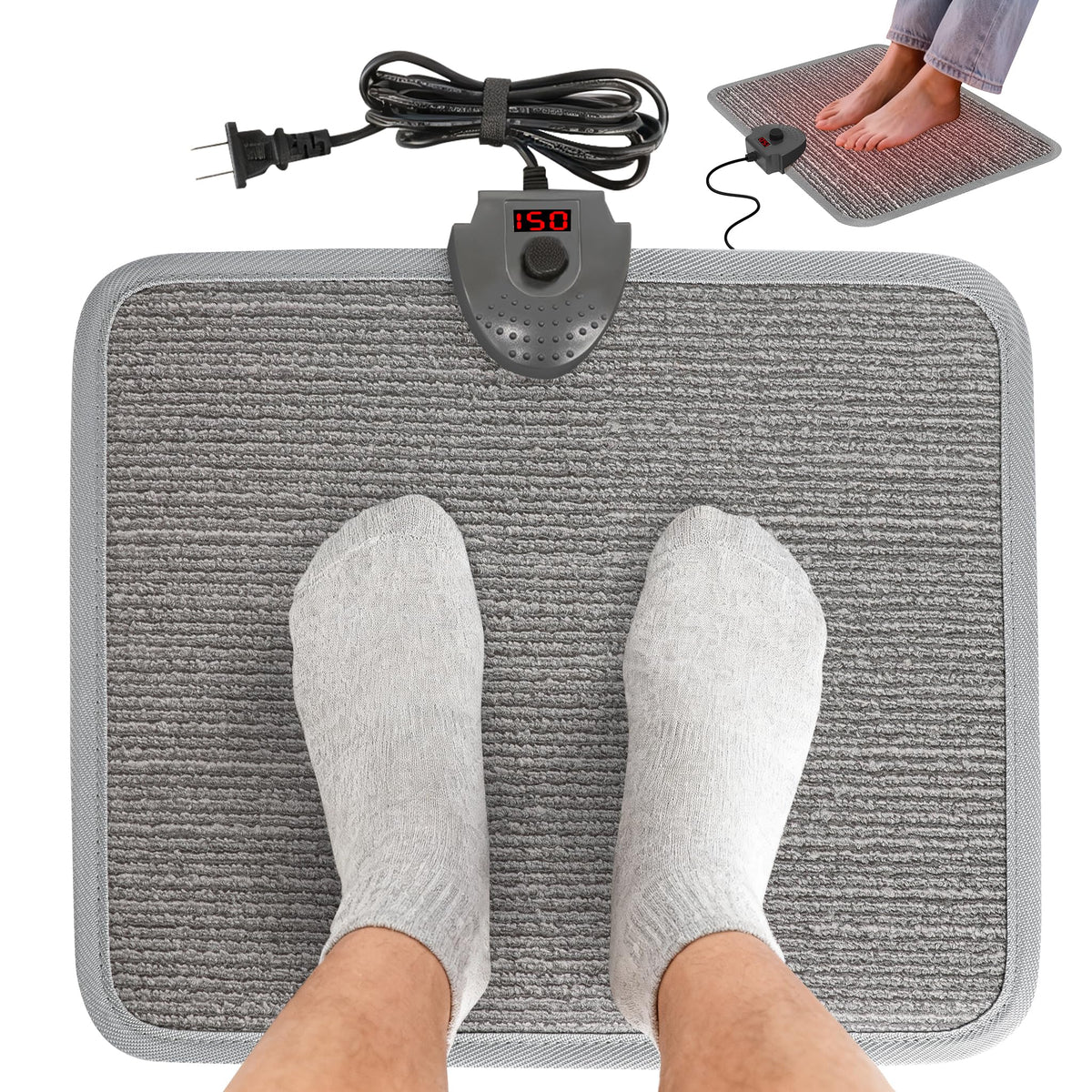 Heated Floor Mat Under Desk for Foot Warmer - Wider 110V Adjustable Temperature Electric Space Heaters Heating Pad - Carbon Crystal & Energy Saving Feet Warmers for Office,Home (Black Gray)
