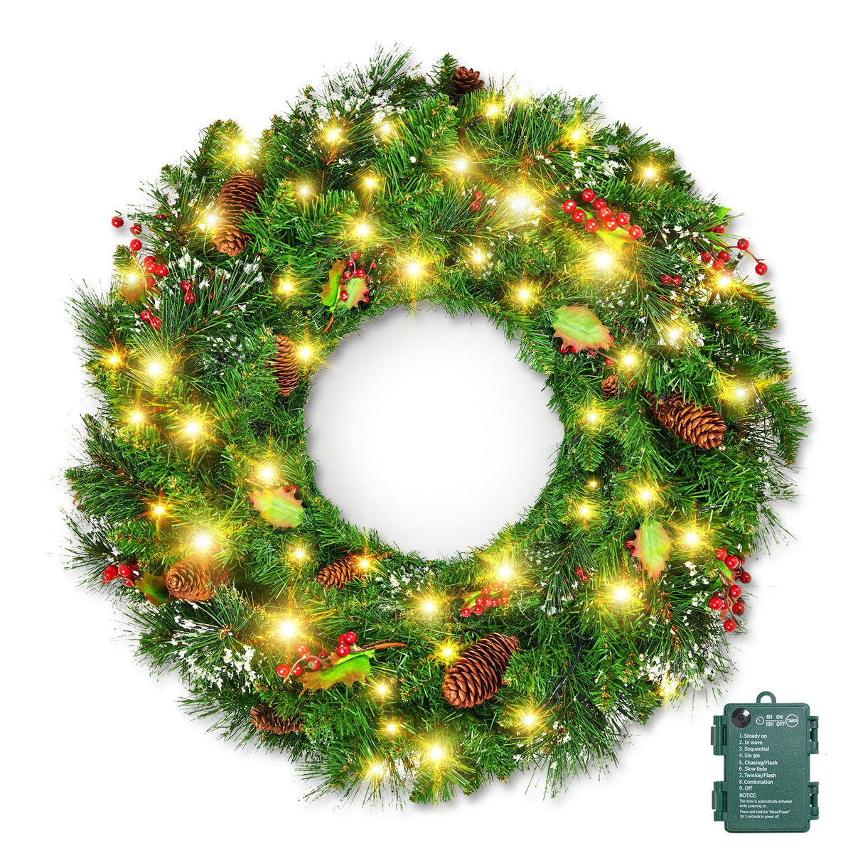 Brightown 24 Inch Pre-Lit Christmas Wreaths for Front Door, 50LED