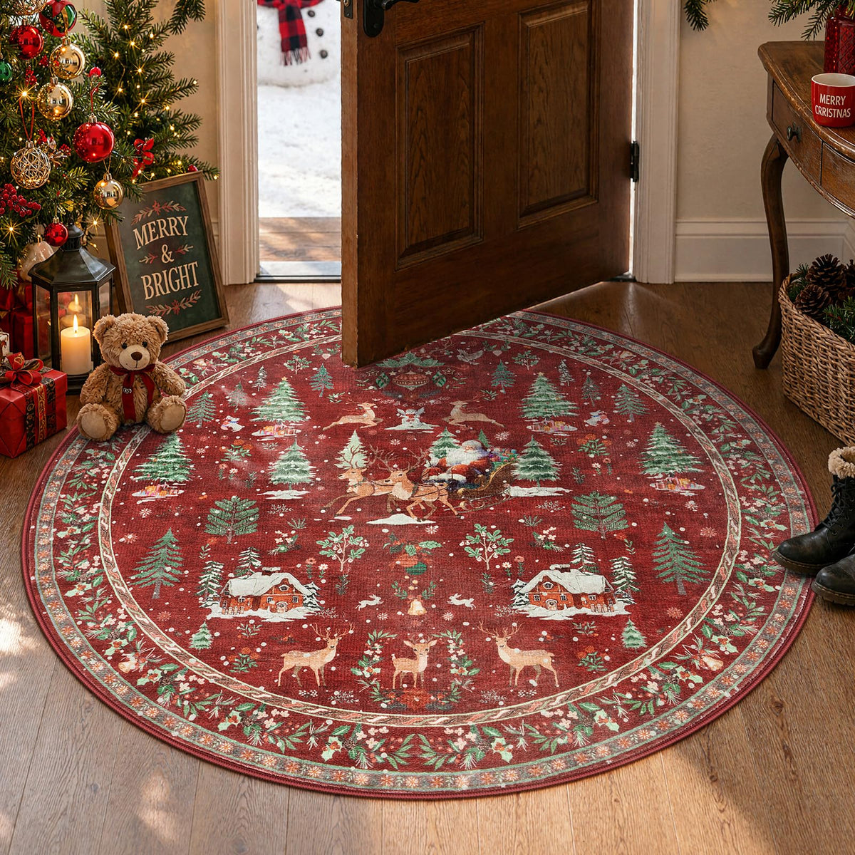 Lahome Christmas 8x10 Living Room Area Rug, Soft Christmas Tree Large Washable Rug for Bedroom, Non Slip Low Pile Indoor Floor Carpet for Home Office Xmas Holiday Decor, Beige