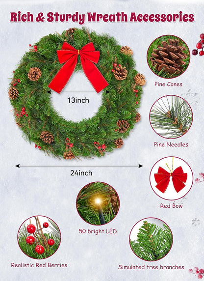Brightown 24 Inch Pre-Lit Christmas Wreaths for Front Door, 50LED