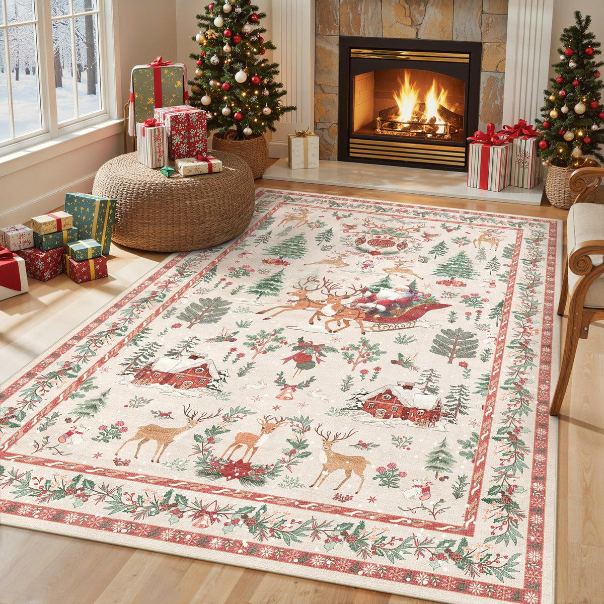 Lahome Christmas 8x10 Living Room Area Rug, Soft Christmas Tree Large Washable Rug for Bedroom, Non Slip Low Pile Indoor Floor Carpet for Home Office Xmas Holiday Decor, Beige