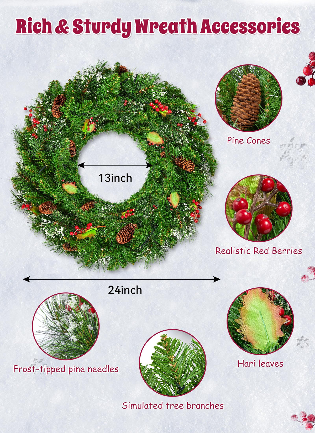 Brightown 24 Inch Pre-Lit Christmas Wreaths for Front Door, 50LED