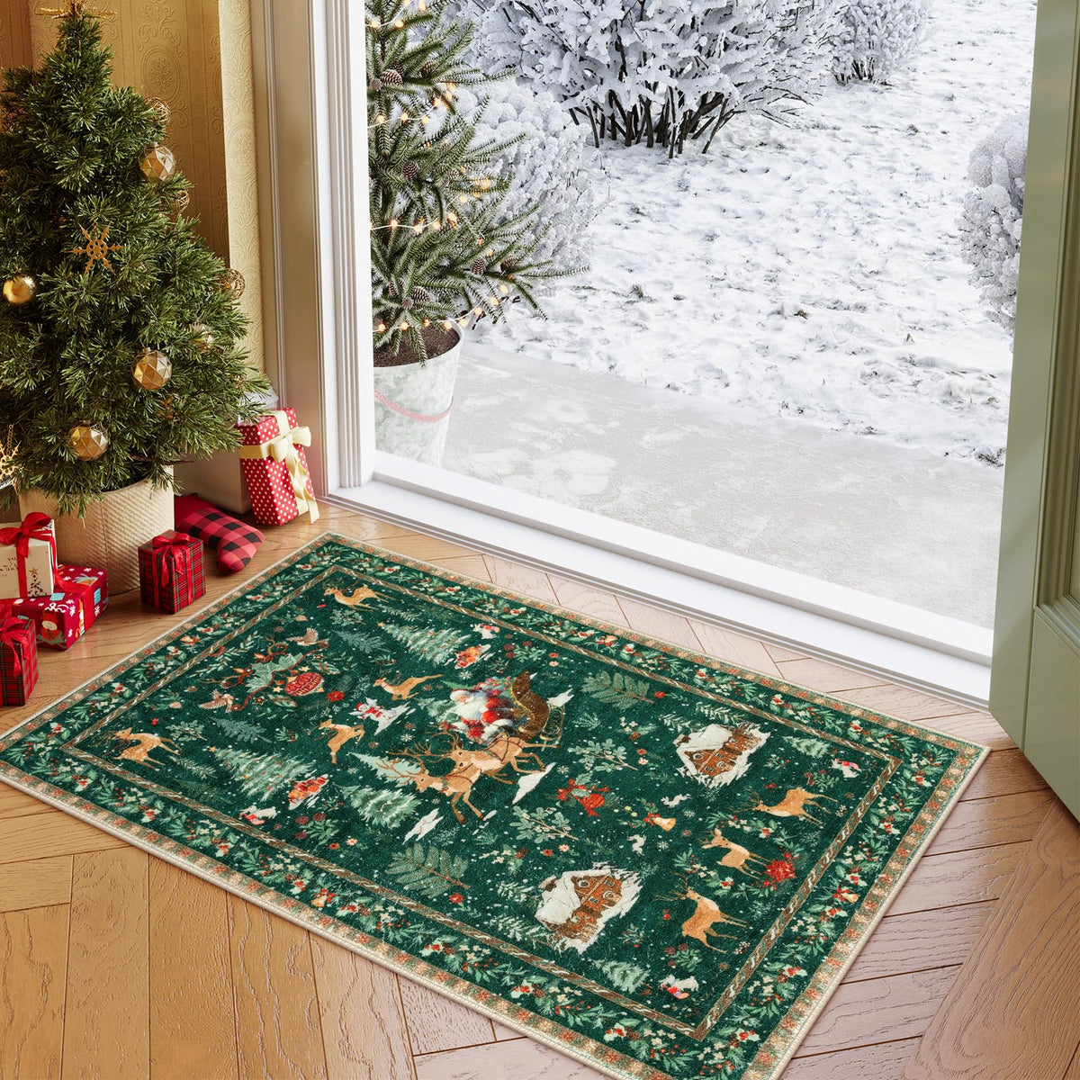 Lahome Christmas 8x10 Living Room Area Rug, Soft Christmas Tree Large Washable Rug for Bedroom, Non Slip Low Pile Indoor Floor Carpet for Home Office Xmas Holiday Decor, Beige