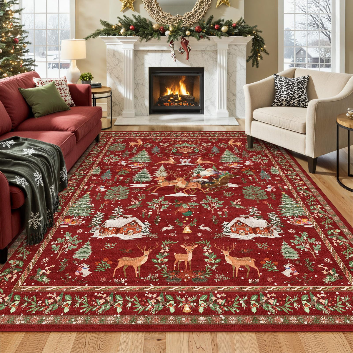 Lahome Christmas 8x10 Living Room Area Rug, Soft Christmas Tree Large Washable Rug for Bedroom, Non Slip Low Pile Indoor Floor Carpet for Home Office Xmas Holiday Decor, Beige