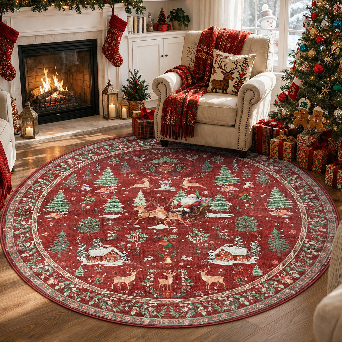 Lahome Christmas 8x10 Living Room Area Rug, Soft Christmas Tree Large Washable Rug for Bedroom, Non Slip Low Pile Indoor Floor Carpet for Home Office Xmas Holiday Decor, Beige