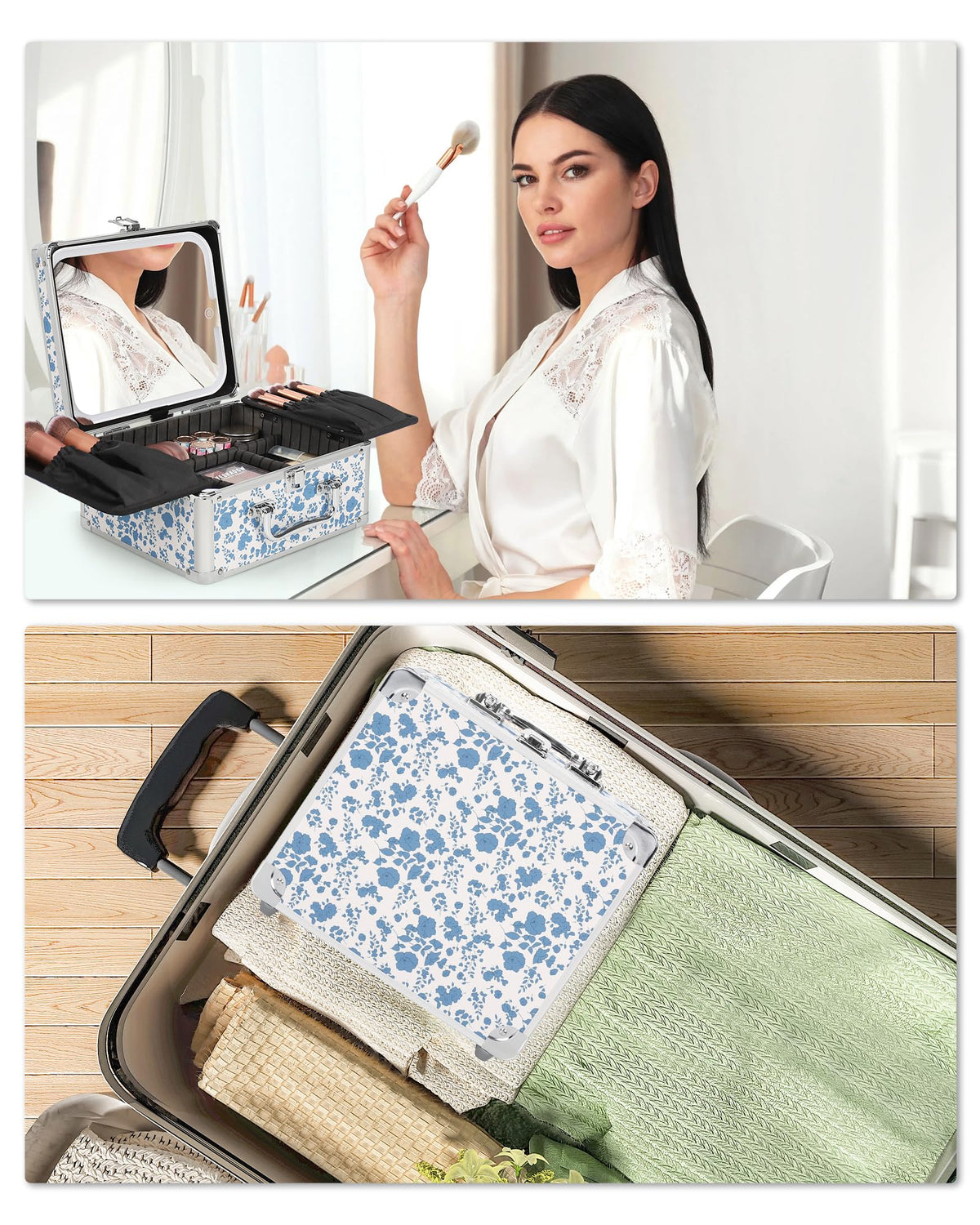 Relavel Makeup Bag with LED Mirror, Makeup Box Travel Train Case with Rechargeable Lighted Mirror & Adjustable Dividers, Cosmetic Brush Organizer Storage for Makeup Artists Gifts for Women and Girls