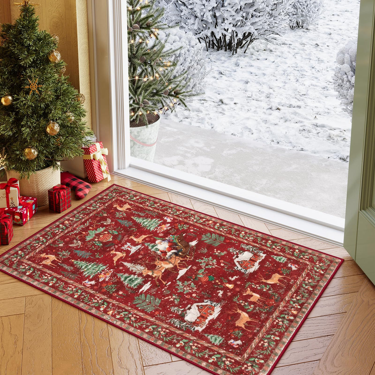 Lahome Christmas 8x10 Living Room Area Rug, Soft Christmas Tree Large Washable Rug for Bedroom, Non Slip Low Pile Indoor Floor Carpet for Home Office Xmas Holiday Decor, Beige