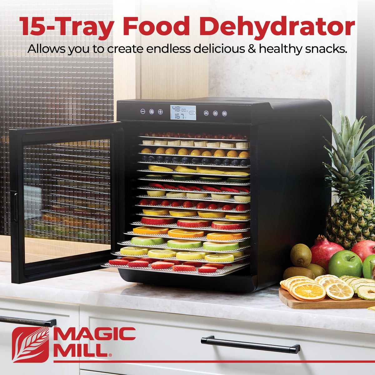 Magic Mill Premium Food Dehydrator Machine (10 Extra-Large Stainless Steel Trays) 700W Dryer for Beef Jerky, Fruits, Vegetables, Dog Treats, 48 Hour Digital Timer - 95°-167° Temperature Control
