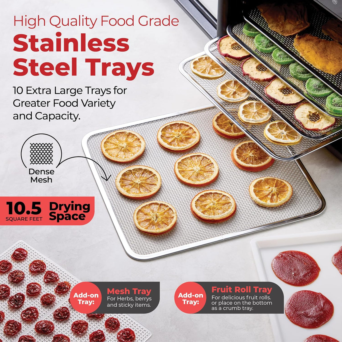 Food Dehydrator with 10 Stainless Steel Trays, 700W, Digital Timer