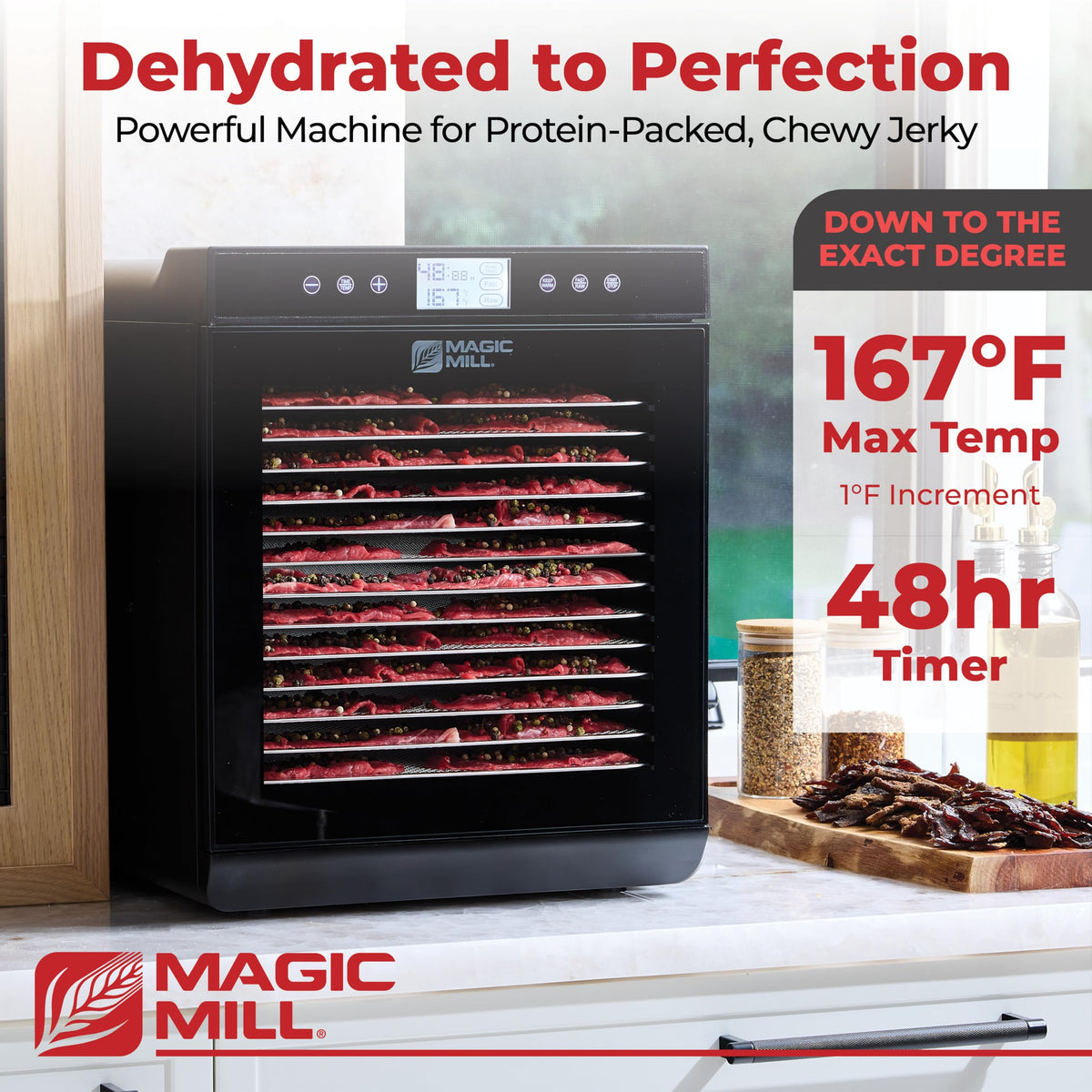 Magic Mill Premium Food Dehydrator Machine (10 Extra-Large Stainless Steel Trays) 700W Dryer for Beef Jerky, Fruits, Vegetables, Dog Treats, 48 Hour Digital Timer - 95°-167° Temperature Control