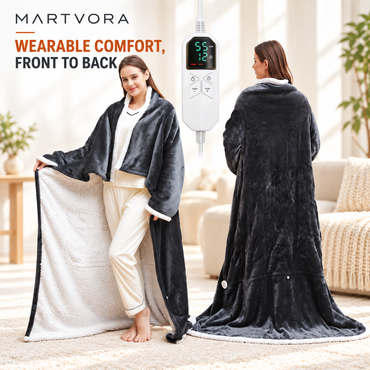 MARTVORA™ Cordless Wearable Heated Blanket – Battery Powered Electric Heating Robe with Foot Pocket