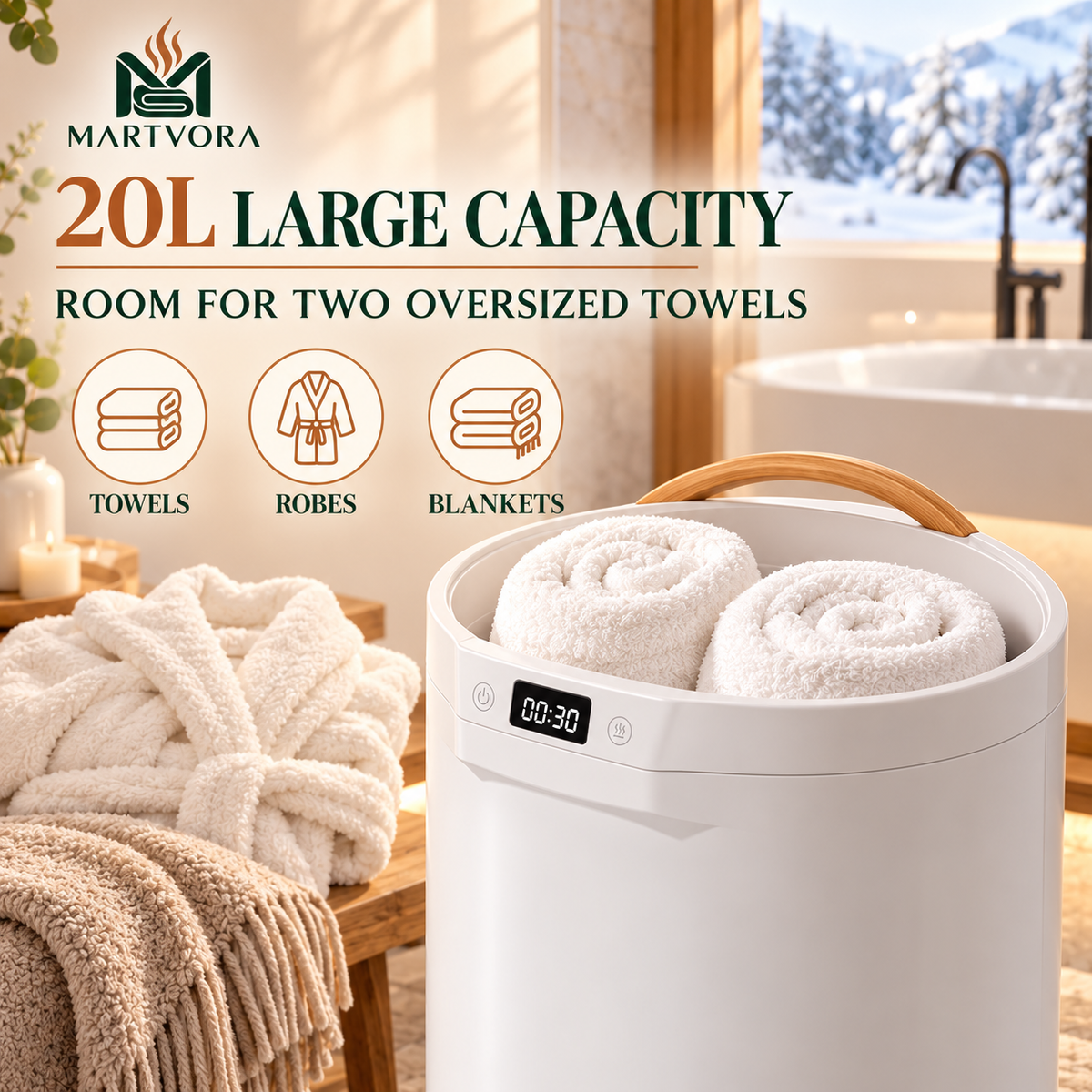 MARTVORA™ 20L Luxury Towel Warmer Bucket – Rapid Heating Spa Towel & Robe Heater for Bathroom