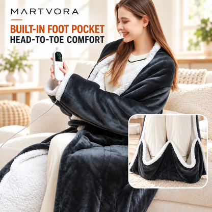 MARTVORA™ Cordless Wearable Heated Blanket – Battery Powered Electric Heating Robe with Foot Pocket